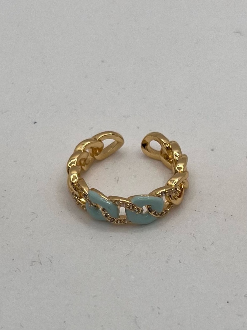 Gold Chain-Link Ring with Light Blue Enamel Accents